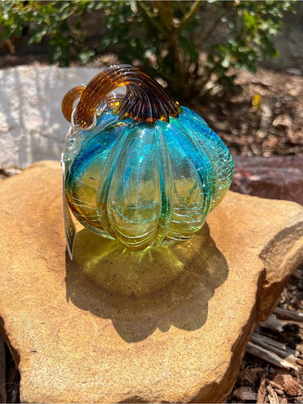Pier 1 Handblown Glass Pumpkin - Blue Green with Amber Stem NWT